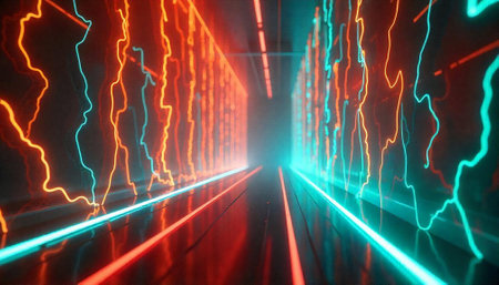 Abstract neon corridor with glowing light trails effect backgroundの写真素材