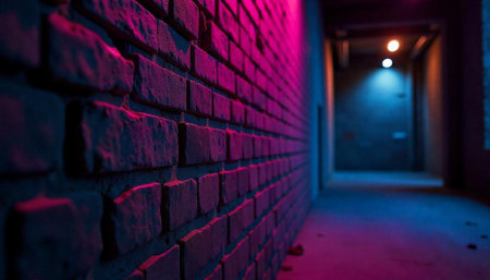Abstract brick wall bathed in neon magenta and blue lightの写真素材