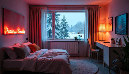 Cozy bedroom interior featuring winter landscape through a windowの写真素材