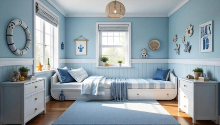Nautical themed children's room with blue color paletteの写真素材