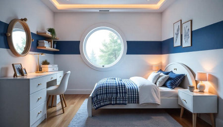 Modern bedroom with desk area and nautical themed decorの写真素材