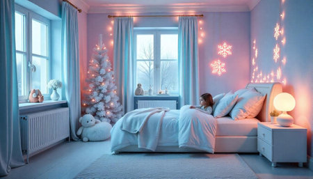 Cozy Christmas Bedroom Scene with Little Girl Asleepの写真素材