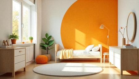 Minimalist bedroom interior with bright orange accent wall designの写真素材