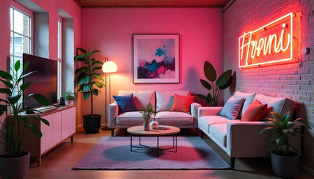 Trendy living room interior with pink hues and plants