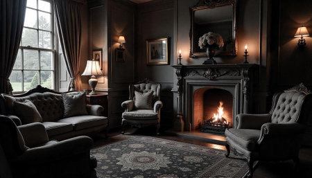 Elegant living room with fireplace antique furniture and decorの写真素材