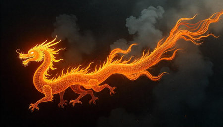 Fiery Chinese dragon in dark background, mythical creatureの写真素材