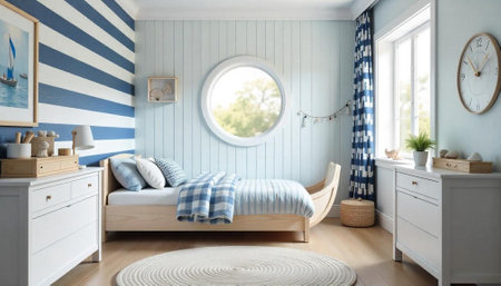 Nautical themed bedroom with porthole window and striped decorの写真素材