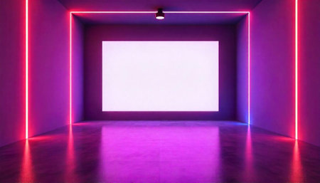 Purple neon frame empty room with blank canvasの写真素材
