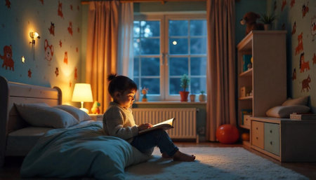 Child reading a book in a cozy bedroom at nightの写真素材