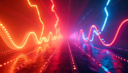 Abstract Glowing Waveforms on Metallic Surface Reflecting Lightの写真素材