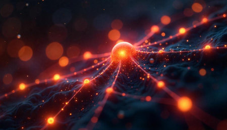 Abstract Glowing Network Connecting Nodes Over Dark Surfaceの写真素材