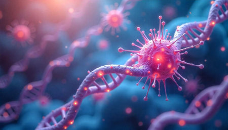 Artistic rendering of virus cell and DNA strand