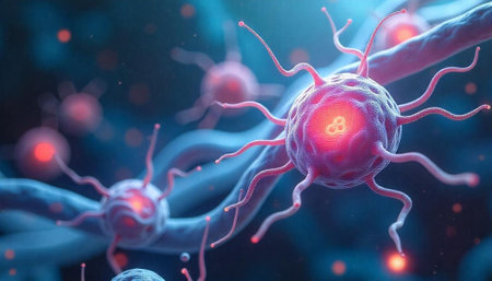 Abstract neuron cell with extensions, blue and pink hues
