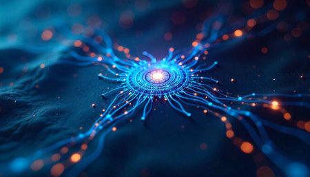 Futuristic network hub connecting with fiber optic data streams