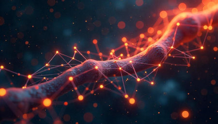 Networked structure with orange lights, dark blue background, bokeh