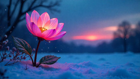Radiant pink lotus flower glows in blue winter landscapeの写真素材