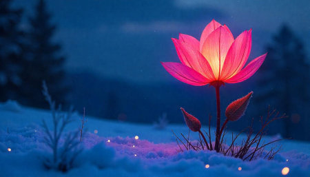 Glowing flower in snowy landscape at night fantasy sceneの写真素材