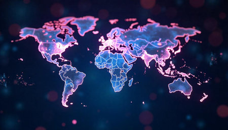 Neon world map on a dark blue background visualの写真素材