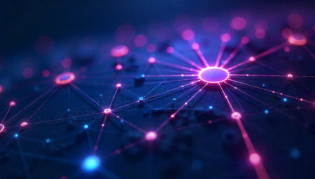 Glowing network node connections on dark background, digital dataの写真素材