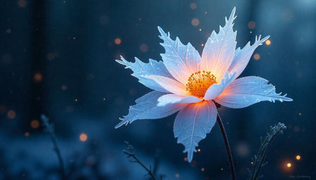 Glowing ethereal flower with translucent petals against dark backgroundの写真素材