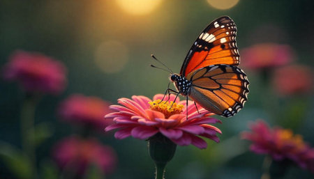 Monarch butterfly feeding on pink flower in soft lightの写真素材