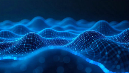 Abstract blue digital wave landscape with connected dots network