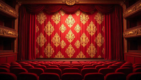 Empty ornate theater stage with velvet curtains and seatsの写真素材