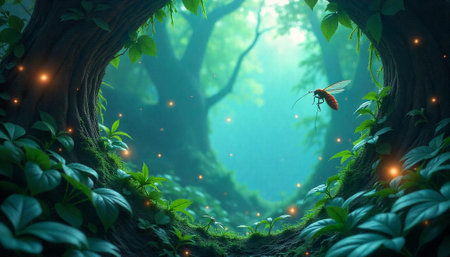 Enchanted forest landscape with fireflies and insect sceneの写真素材
