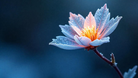Frozen flower with a glowing center on dark backgroundの写真素材