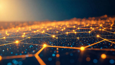 Abstract network connection with glowing nodes and lines on grid