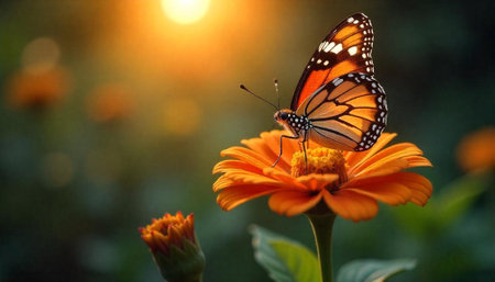 Monarch Butterfly on Orange Flower in Warm Sunlight Settingの写真素材