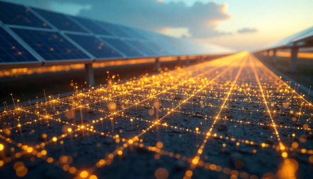 Solar panel installation with abstract glowing grid overlay technologyの写真素材