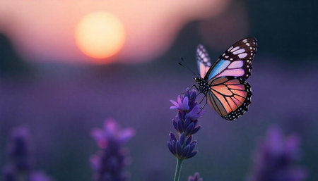 Butterfly on lavender with blurred sunset background, soft focus