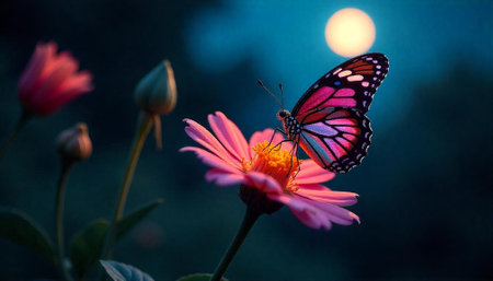 Monarch butterfly rests gently on a pink flowerの写真素材