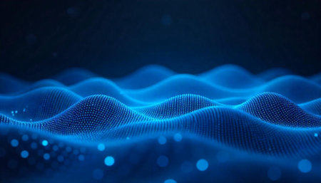 Abstract blue digital waves with particle dots background scene