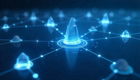 Connected network of glowing crystals and spheres on dark surfaceの写真素材