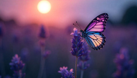 Butterfly resting on lavender flower at golden hour sunsetの写真素材