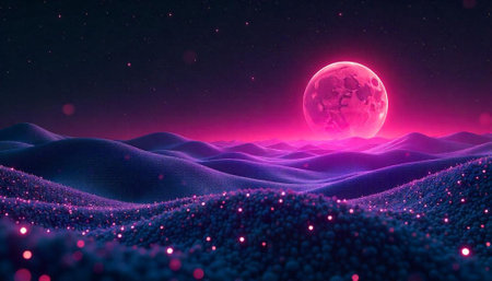 Pink moon shining above abstract textured blue landscape