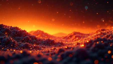 Ethereal landscape with glowing particles and warm color paletteの写真素材