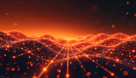 Abstract landscape with glowing particles and lines perspective view