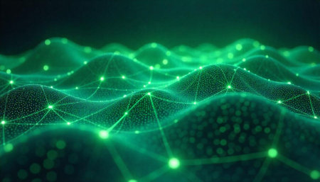 Connected network grid with green points and wavy surface