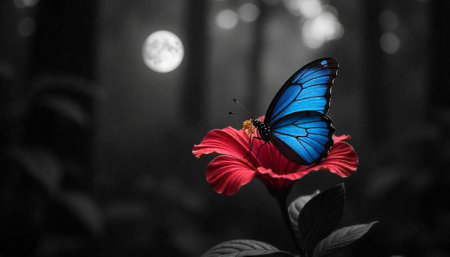 Blue butterfly rests upon a red flower at moonlightの写真素材