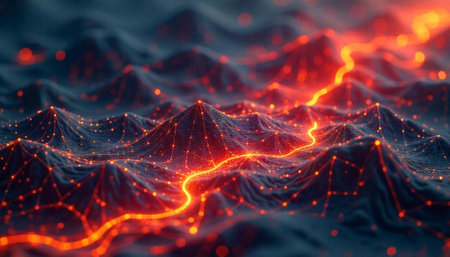 Abstract network landscape with interconnected dots and flowing lines