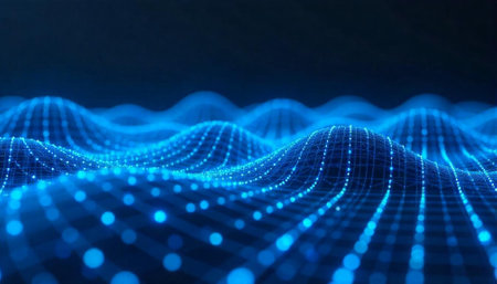 Abstract blue digital wave pattern with interconnected data points