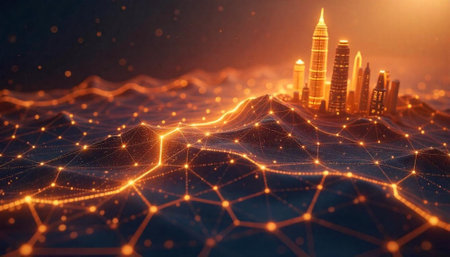 Digital Cityscape Connected by Glowing Network Waves Abstract Visualization