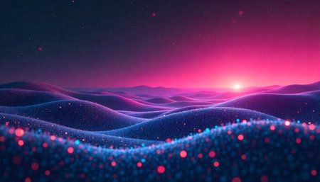 Abstract Sparkling Landscape with Hills and Pink Sunsetの写真素材