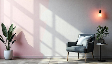 Cozy interior with armchair, plants, lamp and sunlightの写真素材