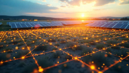 Solar Panels with Abstract Connection Grid at Sunsetの写真素材