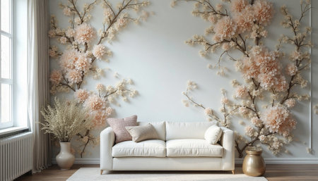 Elegant Living Room Interior with Floral Wall Decoration