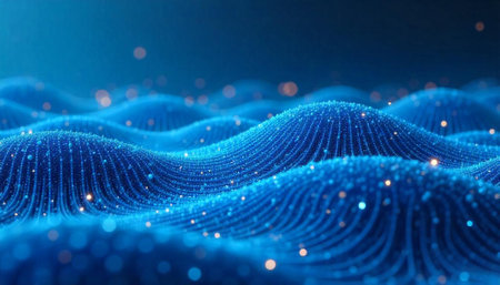 Abstract blue waves of data streams with blurred bokeh